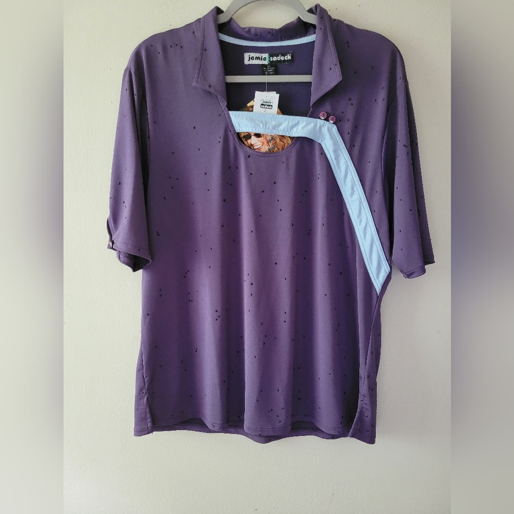 Jamie Sadock Purple Artsy Dotted Casual Luxe Golf Tennis Resortwear Collared Top